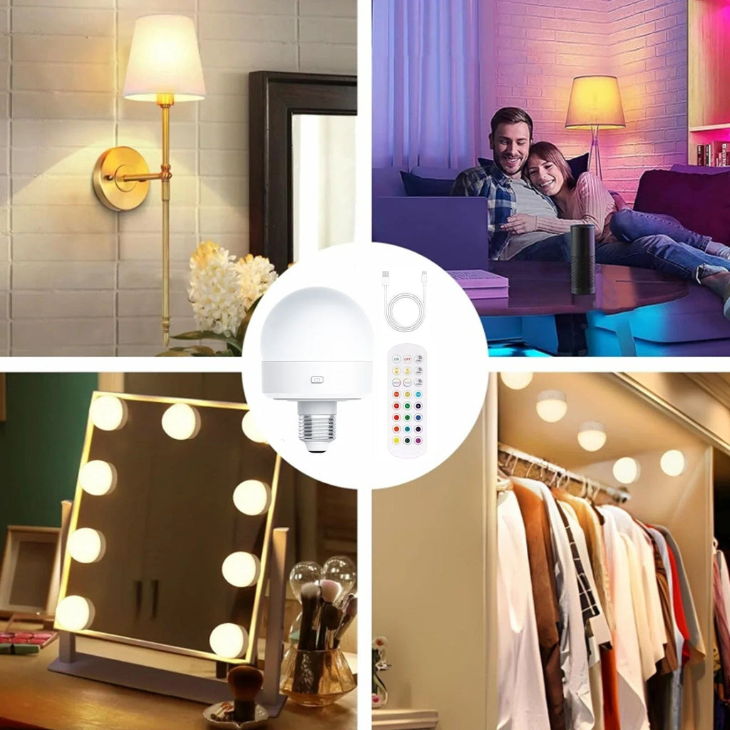 Rechargeable E27 RGB LED Lamp with Remote Control – Wire-Free Setup