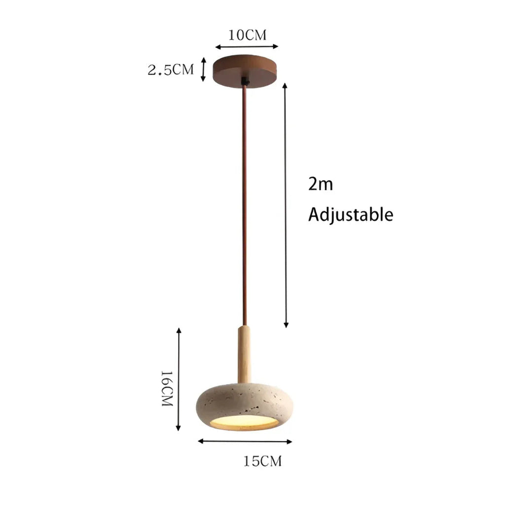 Travertine Hanging Light with Wooden Accent – Adjustable Cord, Warm Glow