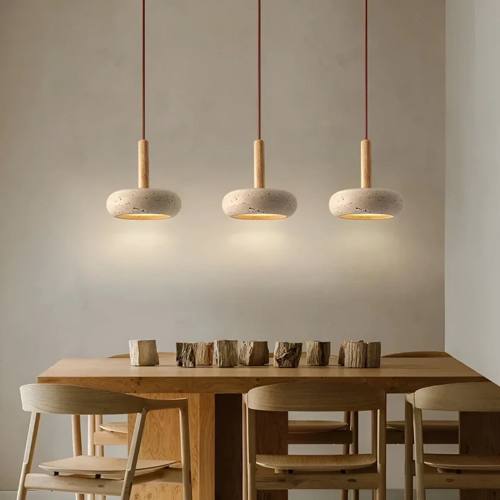 Travertine Hanging Light with Wooden Accent – Adjustable Cord, Warm Glow