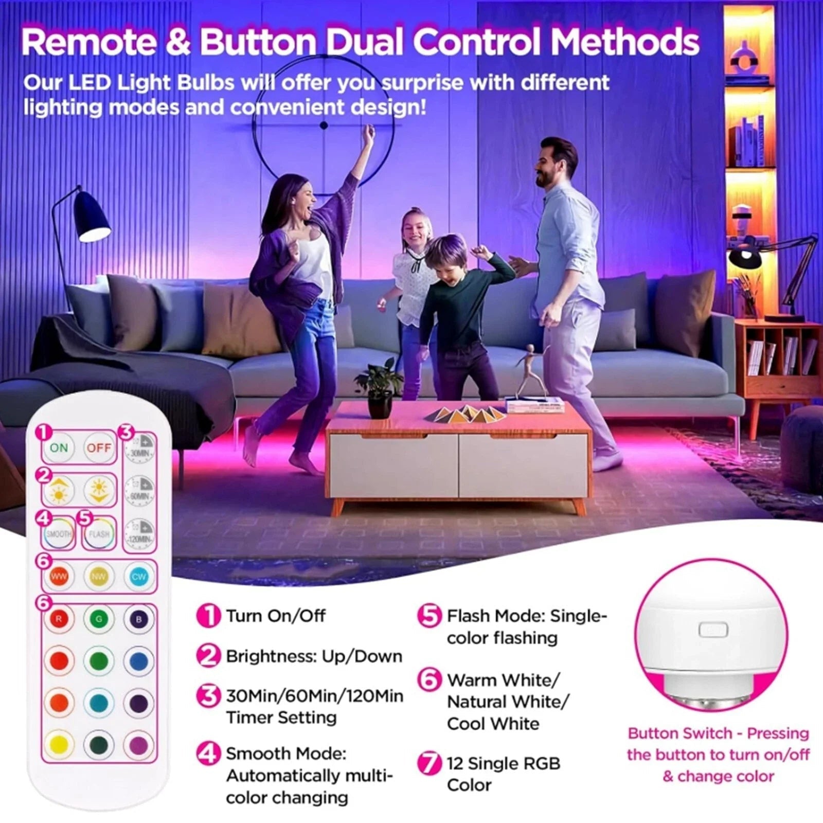 Rechargeable E27 RGB LED Lamp with Remote Control – Wire-Free Setup