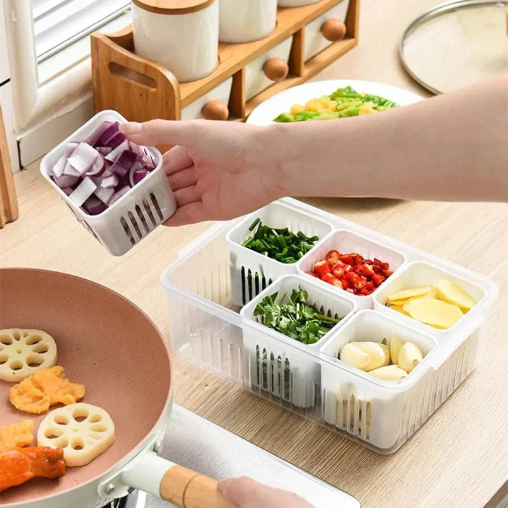 Refrigerator Storage Container | Moisture-Resistant Drain Insert | Stackable Tray | CoolClear