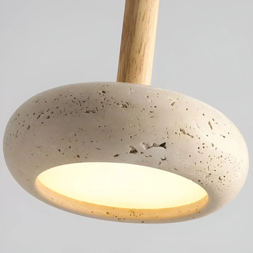 Travertine Hanging Light with Wooden Accent – Adjustable Cord, Warm Glow