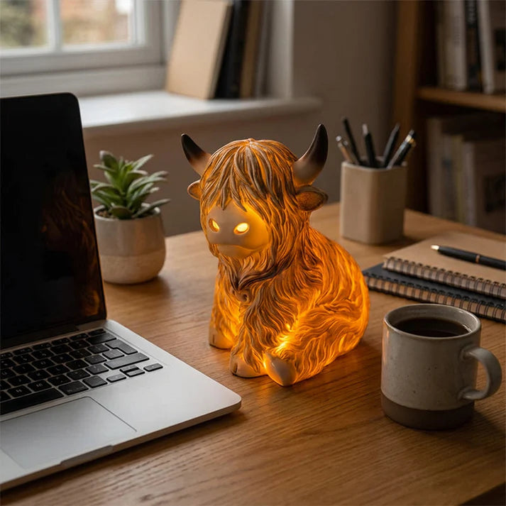 Highland Cattle Night Lamp Crafted from Resin – Decorative Lighting with Cozy Amber Glow