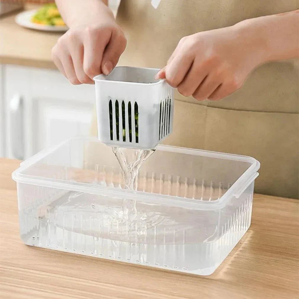 Refrigerator Storage Container | Moisture-Resistant Drain Insert | Stackable Tray | CoolClear