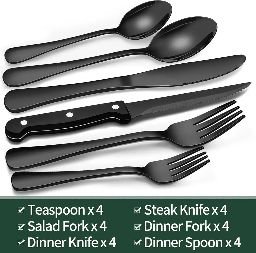 Cutlery Set | 24-Piece Matte Black Design | Includes Steak Knives | CutleryCraft
