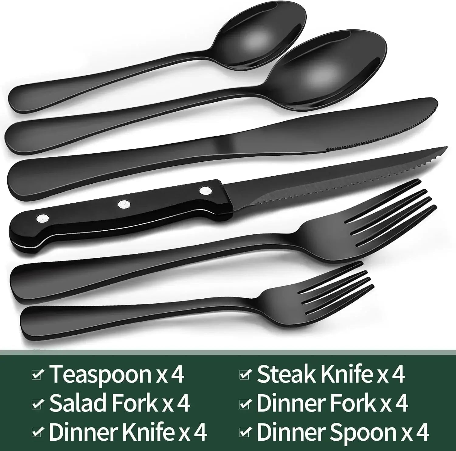 Cutlery Set | 24-Piece Matte Black Design | Includes Steak Knives | CutleryCraft