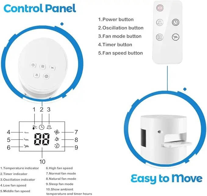 Tower Fan Remote Control 85 Degree Oscillation 12 Hour Timer